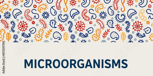 Colorful pattern displaying diverse microorganisms and bacterial shapes on a white background