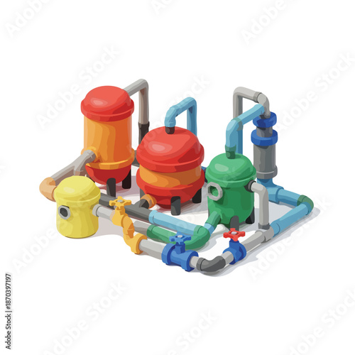 Colorful industrial water treatment plant with tanks and pipes, isolated on white background