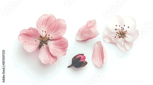 Delicate Pink Cherry Blossom Flowers and Petals on a Clean White Background