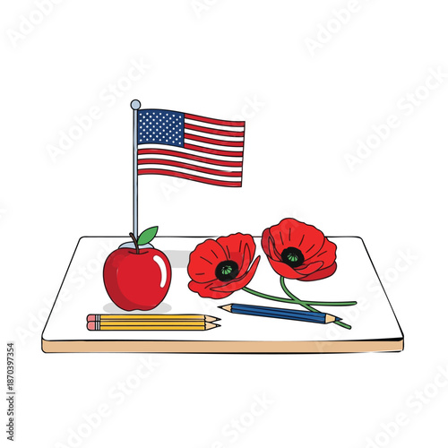 Clean vector illustration depicting a patriotic tribute with an American flag, vivid red poppies, a fresh apple, and student pencils, ideal for national remembrance and education