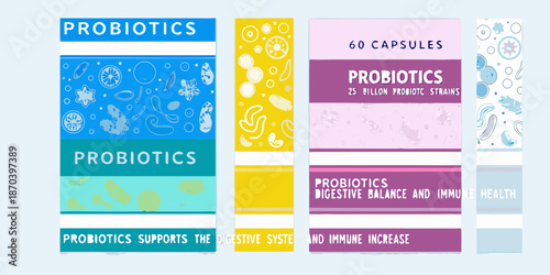 Colorful probiotic supplement packaging designs with health benefits highlighted