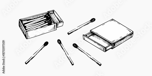 An open matchbox with scattered matches presented in a black and white sketch