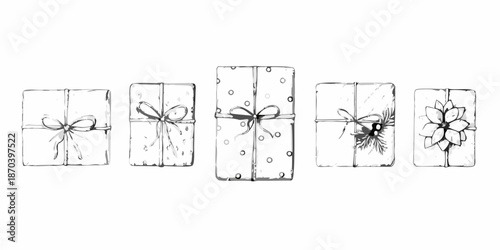 A series of sketch style gift boxes with bows and floral embellishments
