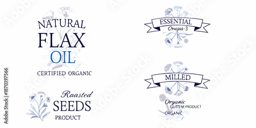 Natural flax oil product labels with botanical illustrations and organic certifications