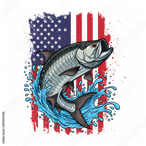 Tarpon fish jumping with American flag background in vintage illustration style