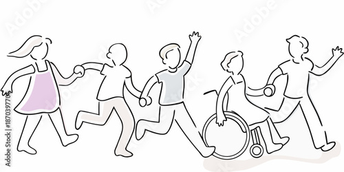 A group of people running and celebrating together including a wheelchair user