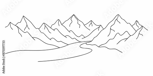 A simple line drawing depicts a winding river through majestic mountain peaks