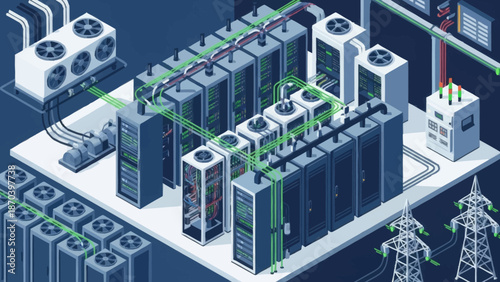 Isometric illustration of a data center with servers and power infrastructure.