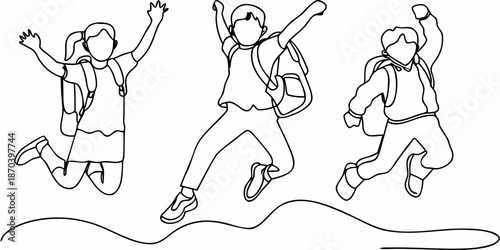 Joyful children jumping with backpacks a continuous line drawing illustration