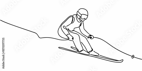 A single line drawing of a skier in motion down a snowy slope
