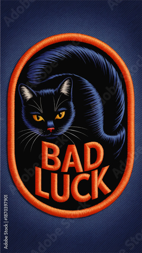Vintage embroidered black cat badge with bad luck text, spooky Halloween patch design on denim texture background