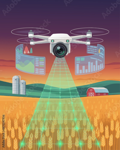 Futuristic agriculture drone scanning wheat field with AI data analytics dashboard over farmland at sunset, precision smart farming concept