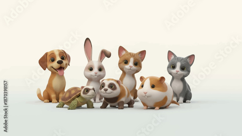 Adorable Small Pet Animals Collection 3D Rabbits Cats Guinea Pig and Turtle