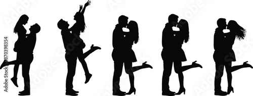 Romantic couple silhouette vector set showing passionate kissing and joyful embracing poses for love, dating, wedding and Valentine designs.