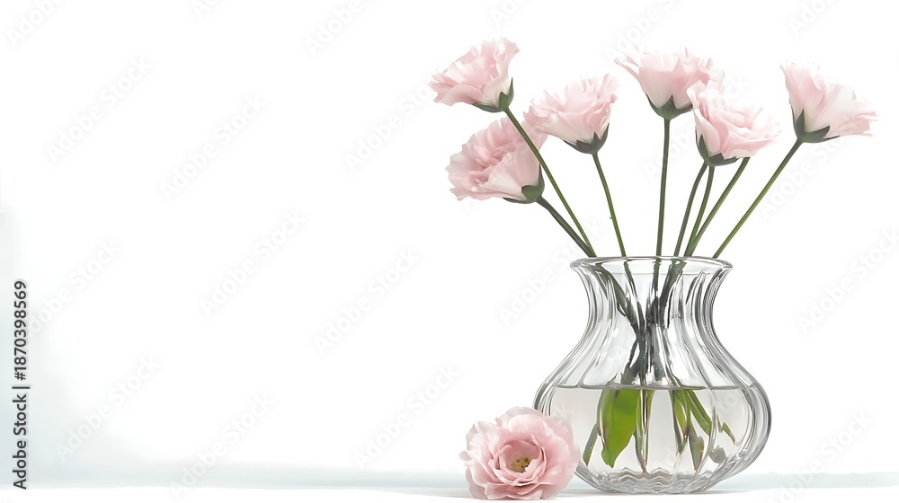 Obraz premium Beautiful Pink Carnations in Elegant Glass Vase on Bright White Background