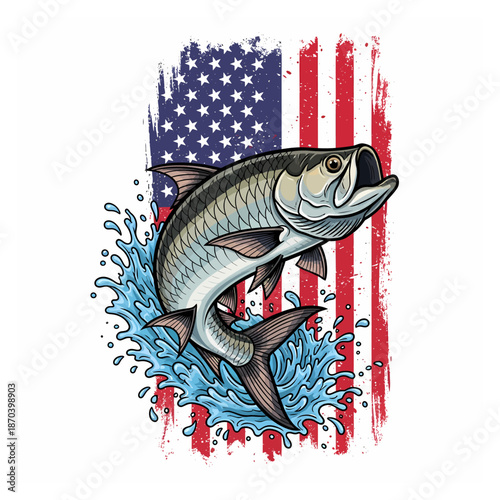 Tarpon fish jumping with American flag background in vintage illustration style