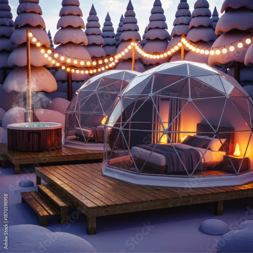 Winter glamping igloo domes with hot tub, cozy snow forest cabin retreat, romantic holiday getaway under string lights