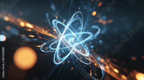 Glowing blue atom with dynamic electron orbits and atomic structure in a futuristic scientific visualization