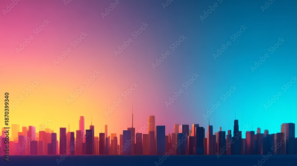 Fototapeta premium Vibrant city skyline at sunset with gradient colors.