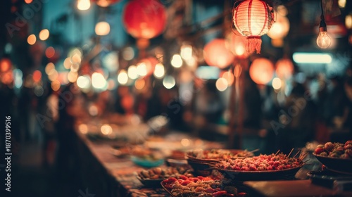 Warm Street Food Market in Vibrant Asian Tones Filled With Glowing Lanterns and Bustling Energy at Night
