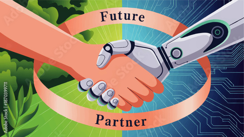 Human and robot handshake partnership concept, artificial intelligence collaboration with nature and technology background, future cooperation