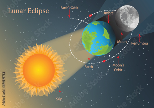 Lunar Eclipse Diagram Illustration Showing Sun Earth Moon Alignment, Umbra and Penumbra with Orbits.
