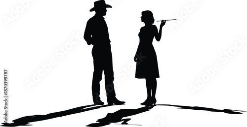 Couple silhouette vector showing romantic conversation scene with man in cowboy hat and woman holding cigarette for vintage storytelling concept.