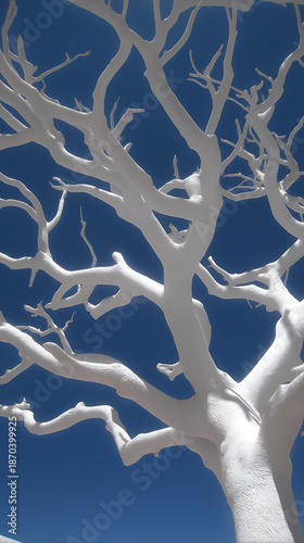 Tranquil Winter Landscape with Bare White Tree Silhouettes Amidst Minimalist Blue Sky: Ethereal Abstract Nature Photography 