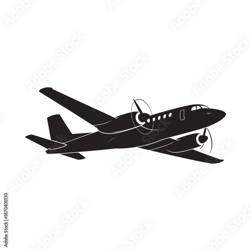 Silhouette of a twin engine propeller airplane in flight detailed side view