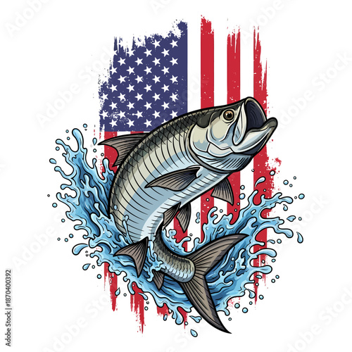 Tarpon fish jumping with American flag background in vintage illustration style
