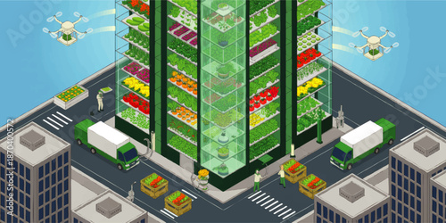 Futuristic urban vertical farm tower with hydroponic vegetables, drones and delivery trucks in modern sustainable smart city