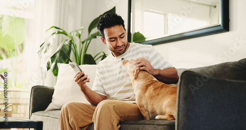Konstfotografi House, smartphone and man on couch, dog and relax with subscription for animal insurance