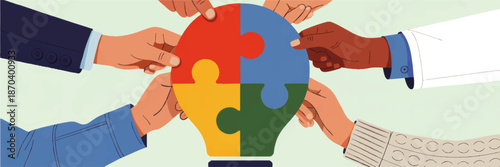 Diverse team hands assembling colorful jigsaw puzzle lightbulb, business collaboration, creative problem solving and innovation concept illustration