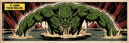 Retro horror comic panel of green swamp monster emerging from murky water in eerie forest, vintage scary illustration