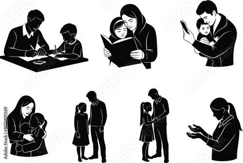 Parent child silhouettes, family interaction, caregiving posture, vector illustration, cad drawing, flat design, nurturing bond, emotional support, teaching guidance, affectionate sketch