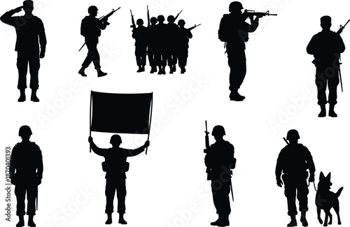Soldier silhouettes, military vector, army formation, cad drawing, flat design, rifle posture, marching troops, saluting figure, combat stance, patriotic sketch