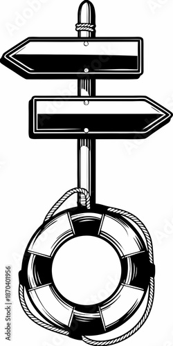 A nautical themed signpost with a life preserver base and directional arrows