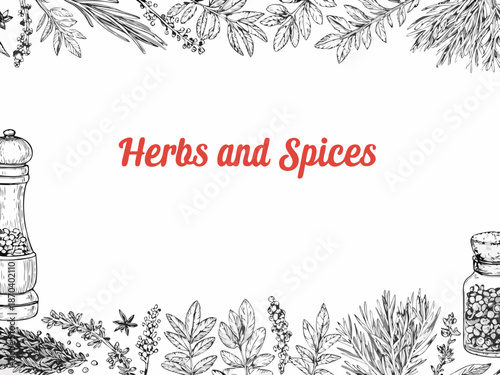 Botanical illustration with herbs spices and vintage kitchen tools