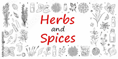 A botanical illustration showcasing a variety of herbs and spices in detail
