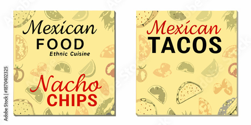 Colorful mexican food posters featuring tacos nachos and ethnic cuisine designs