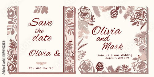 Elegant save the date card design featuring floral patterns and script typography