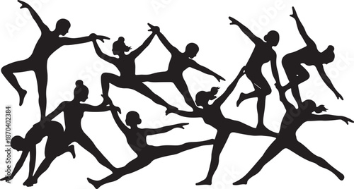 Silhouettes of dancers in various dynamic poses together