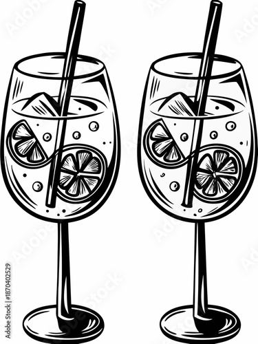 Two glasses of refreshing beverage with citrus slices and drinking straws