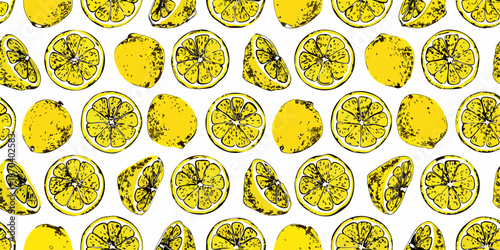 A bright pattern of sliced lemons on a white background repeating seamlessly