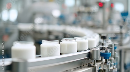 Glass jars filled with white cosmetic cream moving on an automated production line