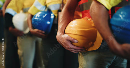Foto Group, line and hands with helmet in warehouse for freight safety regulations or shipping cargo
