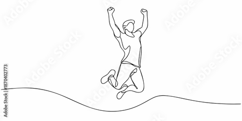 A joyful person jumping in the air depicted in a continuous line drawing