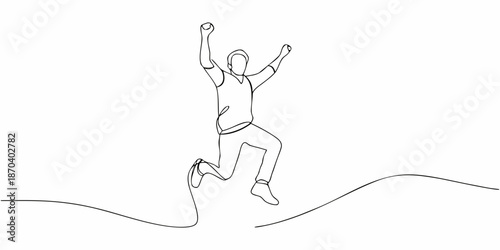 A joyful man jumping in the air depicted in a continuous line drawing