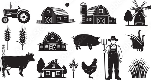 Farm icons and silhouettes in black and white