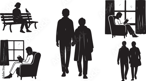 Silhouettes of people in various poses and settings together